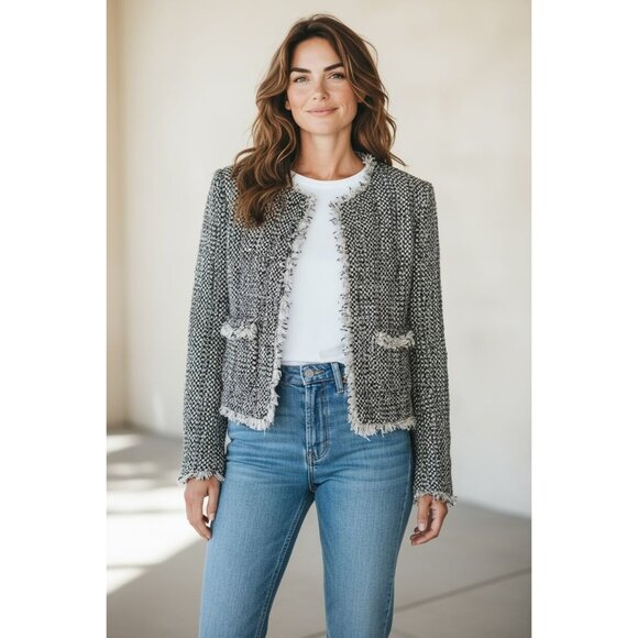 L'AGENCE Women Angelina Metallic Tweed Jacket In Ecru/black/metallic 0 - Picture 1 of 8